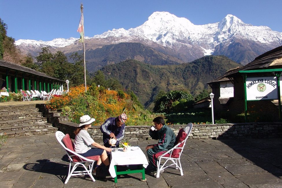 guests have drinks in the garden with mountain in the background